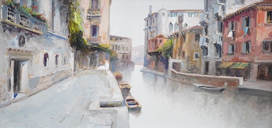 G Toare ?, pair of oils on board, Venetian canals, each indistinctly signed and inscribed verso, 18 x 38cm. Condition - good